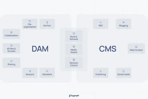 Diagram showing DAM and CMS platform features, including file organization, collaboration, media assets, SEO, blogging, and web content publishing.