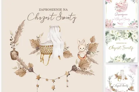 Wzory zaproszeń na chrzest: kołyska, króliczek, niemowlę i kwiaty. Idealne, by wiedzieć, jak wypisać zaproszenie na chrzest.