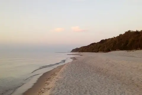 Spokojna plaża z piaszczystym brzegiem i lasem na wzgórzu. Idealne miejsce dla małych miejscowości nad morzem.
