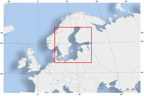 Mapa Europy Północnej z zaznaczonym na czerwono obszarem Morza Bałtyckiego i otaczającymi krajami.