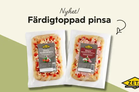 Två färdigtoppade mini pizzor, en Margherita och en Prosciutto Cotto, i plastförpackning.