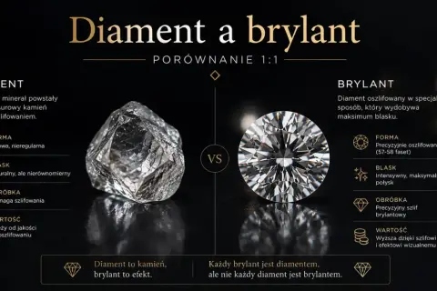 Porównanie surowego diamentu i lśniącego brylantu. Czystość diamentu si jest kluczowa dla jego wartości.