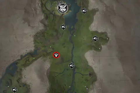 Mapa Hogwart's Legacy z zaznaczonym śladem łapy. Wskazuje on miejsce, gdzie można znaleźć dirikraka.
