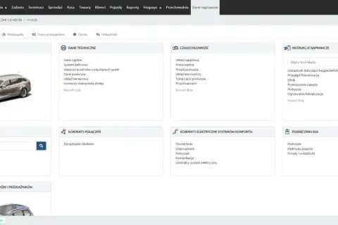 Panel z danymi technicznymi aut, zawierający moduły: Wyszukiwanie graficzne, Dane diagnostyczne, Dane techniczne, Czasochłonność, Instrukcje naprawcze, Schematy połączeń, Schematy elektryczne systemów komfortu, Podręczniki SOS.