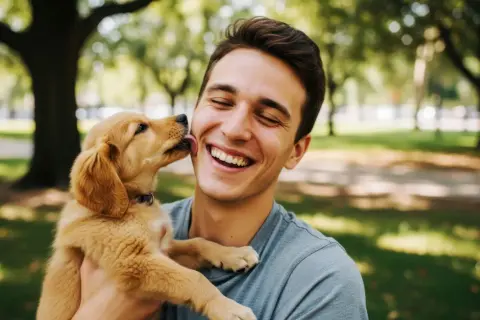 Szczeniak golden retriever liże twarz roześmianego młodego mężczyzny w parku. To pokazuje, dlaczego pies liże człowieka – okazuje miłość i przywiązanie.