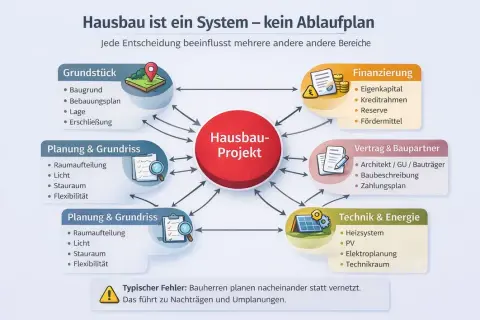 Diagramm zeigt Hausbau-Projekt als System. Wichtige Bereiche sind Grundstück, Finanzierung, Vertrag, Technik & Energie (inkl. Elektroplanung) und Planung.