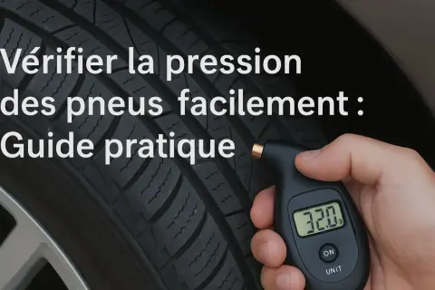 Main d'une personne utilisant un appareil pour vérifier le tableau pression pneu voiture. Le pneu est visible en arrière-plan.