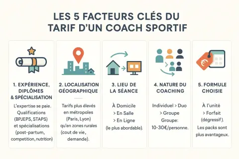 Les 5 facteurs clés du prix d'un coach sportif par mois : expérience, localisation, lieu, nature du coaching et formule choisie.