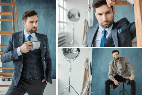 Mężczyzna w eleganckim garniturze, prawdziwy arbiter elegantiarum, popija kawę. Uśmiecha się do obiektywu w innej stylizacji.
