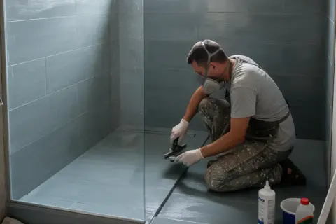 Un ouvrier applique une peinture époxy sur le sol d'une douche carrelée.