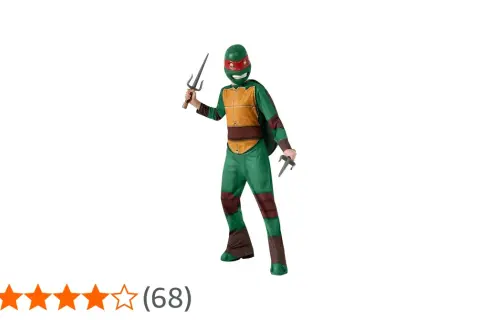 Dziecko w zielonym stroju Żółwia Ninja z maską i dwoma sai.