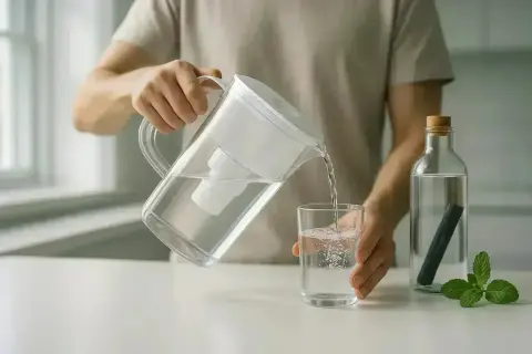 Une personne verse de l'eau filtrée d'une carafe dans un verre. Faut-il filtrer l'eau du robinet pour une eau plus pure ?