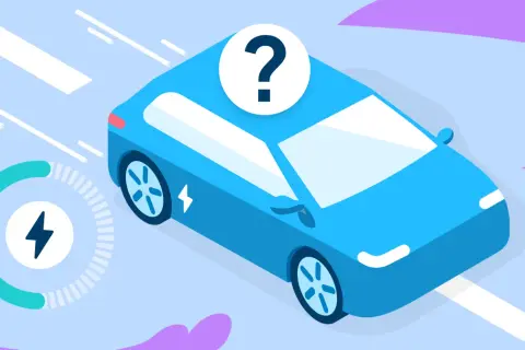 Une voiture électrique bleue avec un point d'interrogation sur le toit, et un indicateur de charge en mouvement. Est-ce une voiture électrique recharge en roulant ?