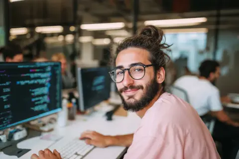 Ein junger Mann mit Brille und Dutt sitzt vor einem Computer, auf dem Code zu sehen ist. Er studiert Informatik an der Fernuni und lächelt in die Kamera.