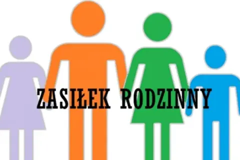 Kolorowe sylwetki rodziny z napisem "Zasiłek rodzinny" symbolizują wsparcie dla rodziców.