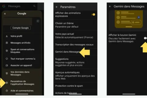 Pour désactiver Gemini dans Messages, accédez aux paramètres de l'application, puis à "Gemini dans Messages" et désactivez le bouton.