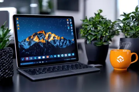 Laptop z górskim krajobrazem na pulpicie, obok kubek parującej kawy i rośliny. Idealne miejsce do pracy, gdzie łatwo znaleźć skrót klawiszowy do nagrywania ekranu.