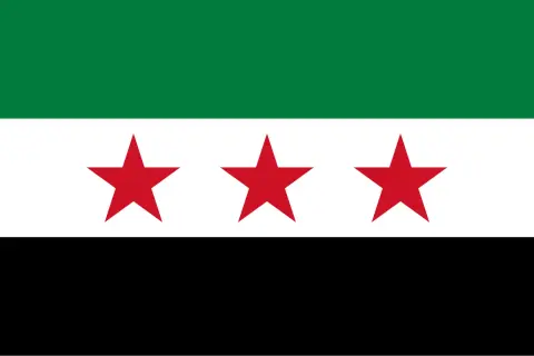 Syriska flaggan med tre röda stjärnor på vit bakgrund, grön överst och svart nederst. Fakta om Syrien kan finnas bakom denna symbol.