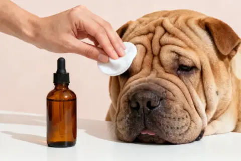 Una mano limpia los ojos de un adorable perro shar pei, uno de los muchos perros arrugados que necesitan cuidados especiales.