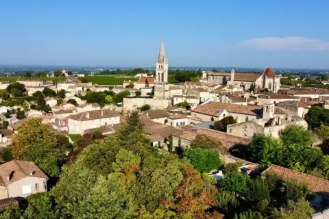 Malowniczy widok na miasteczko Saint-Émilion z charakterystyczną wieżą kościelną i winnicami w tle.