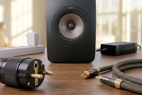 Ein schwarzer KEF-Lautsprecher steht auf einem Holztisch. Kabel und Stecker liegen daneben. Der lautsprecher brummt ohne signal.