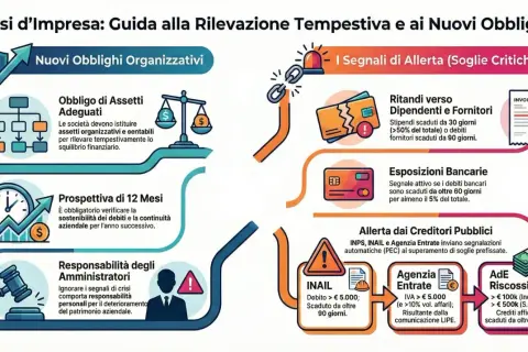 Guida alla gestione della crisi d'impresa: obblighi organizzativi, segnali di allerta (ritardi fornitori, esposizioni bancarie, debiti INPS/INAIL/Agenzia Entrate) e responsabilità amministratori.