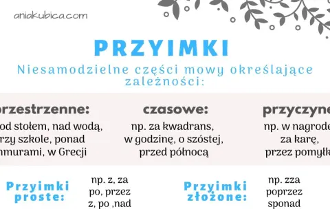 Grafika z napisem "PRZYIMKI" i przykładami przyimków przestrzennych, czasowych i przyczynowych.