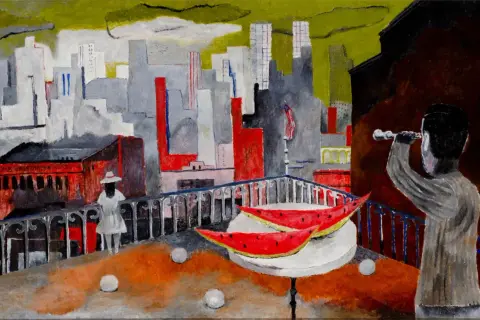 A rooftop scene by Rufino Tamayo, with a figure looking through a telescope at a city skyline, reminiscent of the moon and sun.