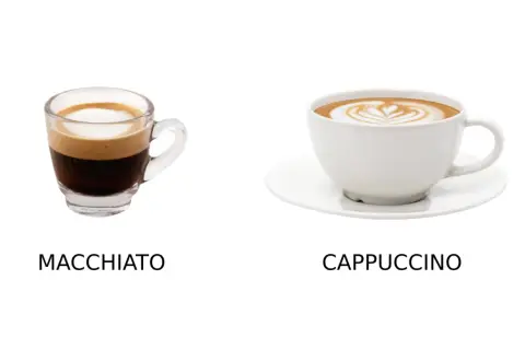 En liten macchiato i glas och en större cappuccino med lattekonst i vit kopp.