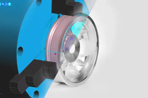 Model 3D części z aluminium, widok przekroju, z elementami projektu i gotowym elementem.