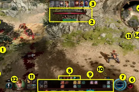 Baldurs Gate 3 solucja: walka z gnollami, interfejs gry z paskami zdrowia, minimapą i akcjami postaci.
