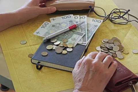 Ręce liczą pieniądze: banknoty 100 zł, monety i notatnik. Widać portfel i okulary. To może być rozliczenie daniny.