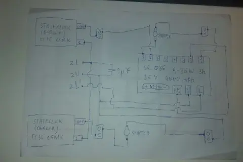 Schemat podłączenia modułu oświetlenia awaryjnego. Widać stateczniki, lampy, starter oraz akumulator Ni-MH.