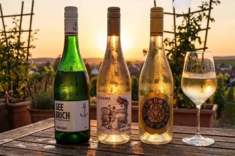 Drei Flaschen Wein und ein Glas stehen auf einem Holztisch. Im Hintergrund ein Weinberg bei Sonnenuntergang. Ein leichter Muskat Wein wäre hier perfekt.