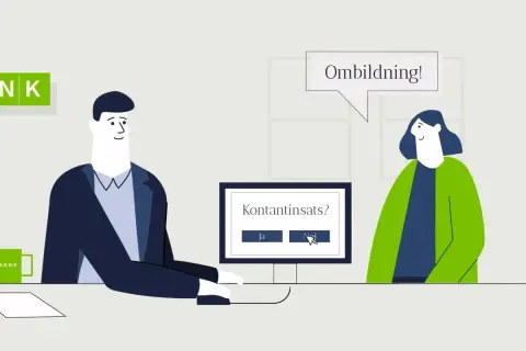 Två personer diskuterar "Kontantinsats?" på en datorskärm. En säger "Ombildning!".