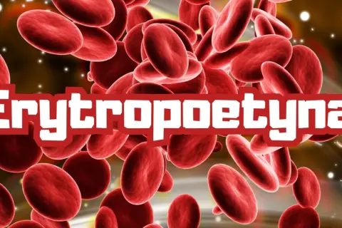 Czerwone krwinki unoszą się w tle, a na pierwszym planie napis "Erytropoetyna".