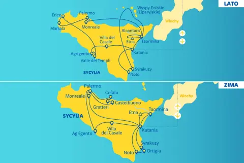 Sycylia wycieczka objazdowa Itaka: mapy tras Lato i Zima pokazują Palermo, Katania, Etna, Syrakuzy i inne miejsca.