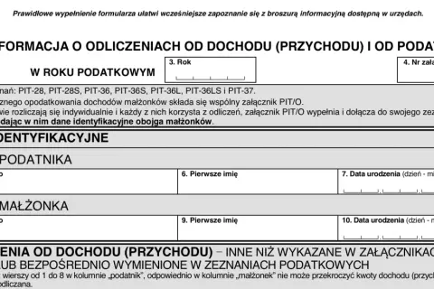 Formularz PIT/O do rozliczenia ulgi termomodernizacyjnej. Przykład wypełnienia danych podatnika i małżonka.