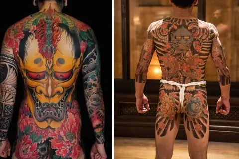 Zwei Männer mit beeindruckenden Ganzkörper-Tattoos im japanischen Tattoo Stil. Links ein gelbes Dämonengesicht mit roten Augen, rechts eine Maske mit Koi-Karpfen und Kirschblüten.