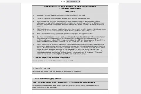 Oświadczenie o stanie rodzinnym, majątku, dochodach i źródłach utrzymania. Wniosek o zwolnienie z kosztów sądowych.