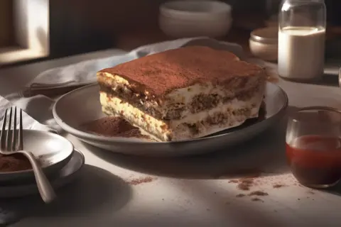 Un délicieux tiramisu, saupoudré de cacao, prêt à être dégusté. Une gourmandise qui rappelle les saveurs des tiramisu cookies.