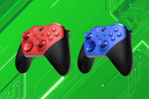 Dwa kontrolery Xbox Elite Series 3, czerwony i niebieski, na zielonym tle z elementami obwodów.