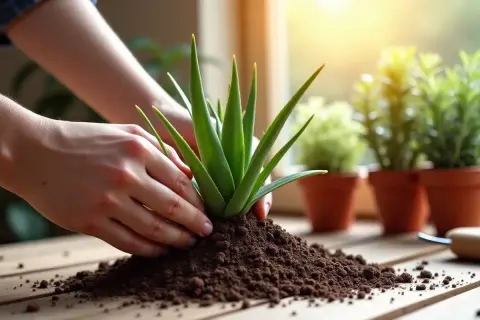 Dłonie sadzą młodą aloesową roślinę w przepuszczalnej ziemi. Idealna jaka ziemia do aloesu to taka, która zapewnia dobry drenaż.