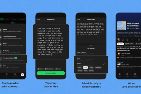 Cztery ekrany aplikacji Spotify pokazujące tworzenie playlisty z tekstem i opcjami.