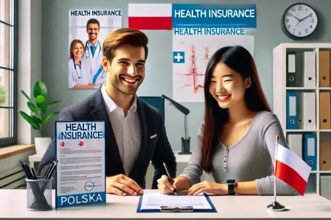 Uśmiechnięci ludzie podpisują dokument "HEALTH INSURANCE POLSKA". Dowiedz się, jak sprawdzić czy jest się ubezpieczonym.
