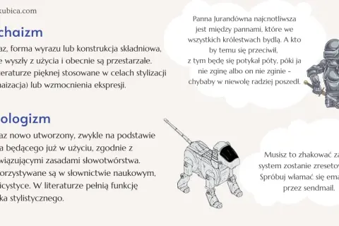 Ilustracja przedstawia rycerza w zbroi i robota przypominającego psa, obok tekstów o archaizmach i neologizmach.