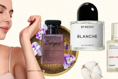 Kobieta wącha perfumy z feromonami "Delight", obok flakoniki Byredo Blanche i Dossier Musky Musk.