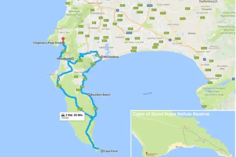Karte der Kap-Halbinsel mit Route von Kapstadt über Chapman's Peak Drive, Noordhoek, Boulders Beach zum Kap der Guten Hoffnung.