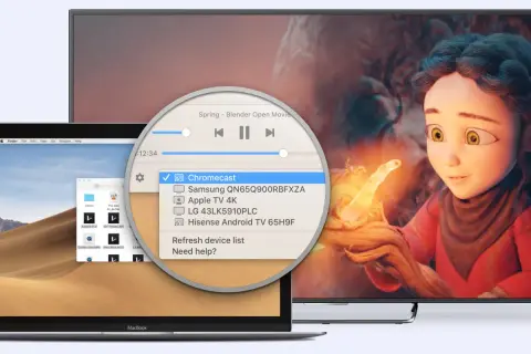 Learn how to connect MacBook to Samsung TV. A pop-up shows Chromecast options, including a Samsung TV, for screen mirroring.
