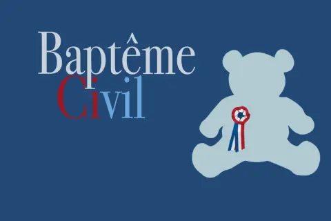 Texte "Baptême Civil" sur fond bleu, avec un ours en peluche bleu clair portant une cocarde tricolore.